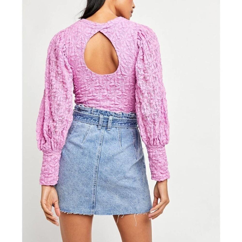 Free People Tea Time Lace Cropped Top Puff Sleeve Pink Size Large NEW - Picture 3 of 9
